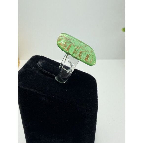 Murano Glass Ring Green Gold Flecks Rectangular Statement Ring Size 8 Pretty - Picture 8 of 10